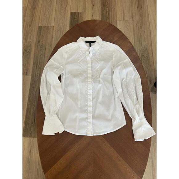 White House Black Market Button Up Embroidered Top with Puff Sleeves in size 0 - Picture 1 of 9